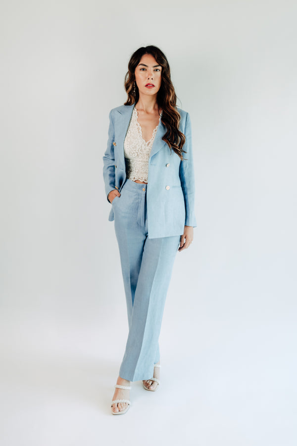 Women - Yacht Sea Blue Double Breasted Linen Suit