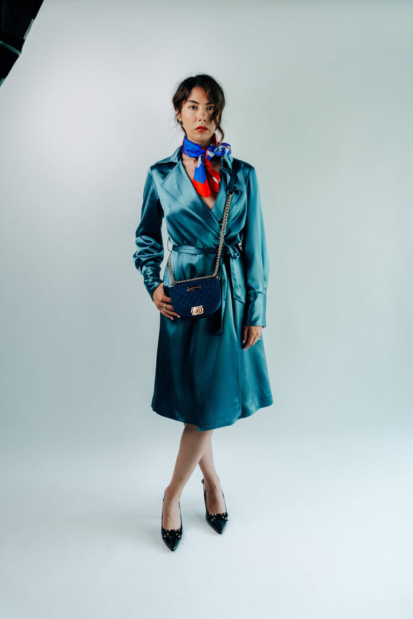 Women - Yacht Aqua Double Breasted Silk Trench Coat