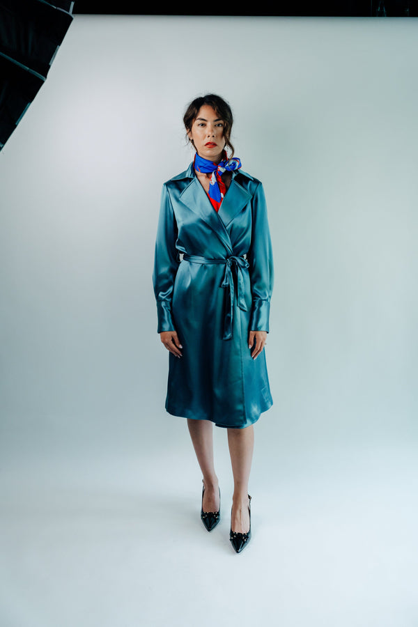 Women - Yacht Aqua Double Breasted Silk Trench Coat